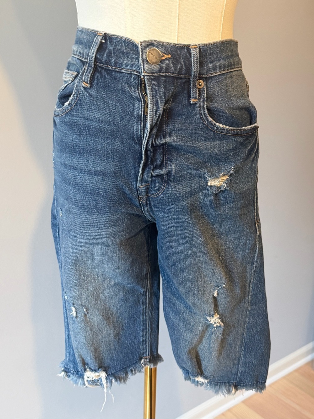 Frame Denim Distressed Dark Blue Boyfriend Bermuda Shorts